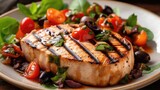 A Plate Of Grilled Swordfish With Tomato And Olive Salad. Generative AI
