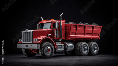 A Red And White Dump Truck On A Gray Background. Generative AI photo
