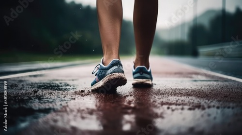 A Runners Legs And Shoes On A Track. Generative AI photo