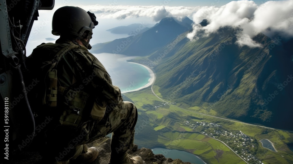 A Soldier Sitting On The Edge Of A Helicopter Looking Out At The Terrain Below. Generative AI