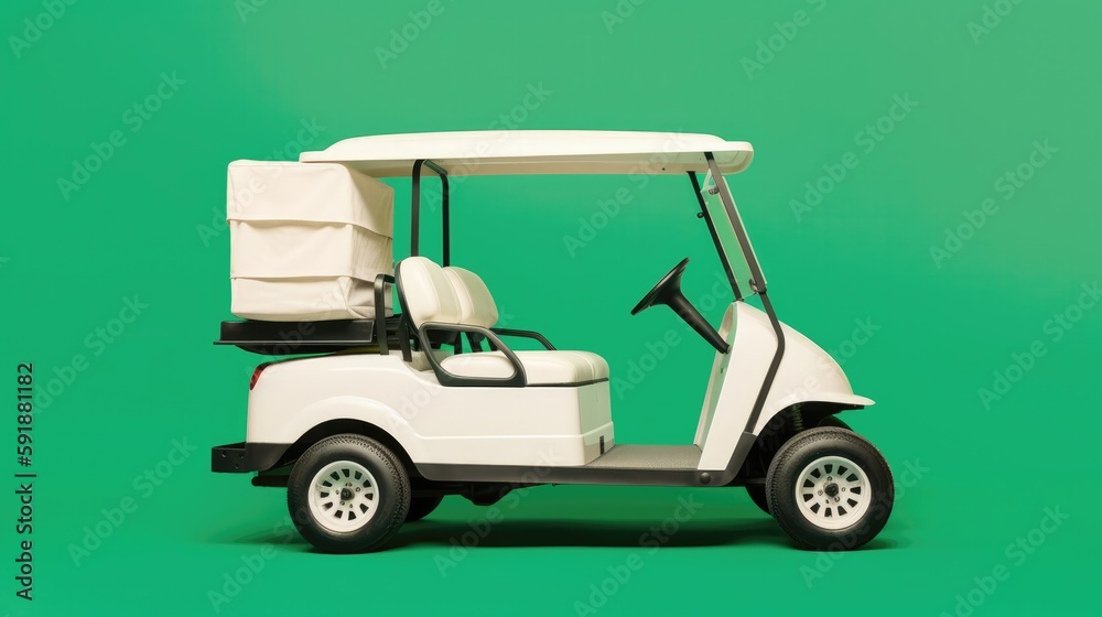 A White And Green Golf Cart On A Green Background. Generative AI