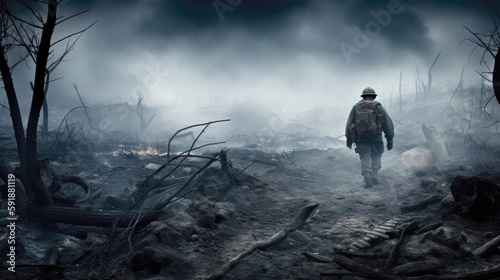 A Soldier Walking Through A Smoke. Generative AI