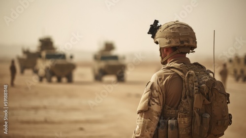 A Soldier Standing At Attention In Front Of A Line Of Military Vehicles. Generative AI