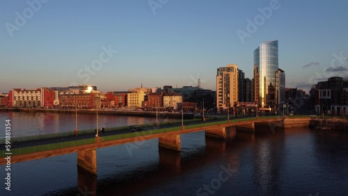 Bird's-eye view of a bridge over the Shannon River in the sunset, Ireland photo