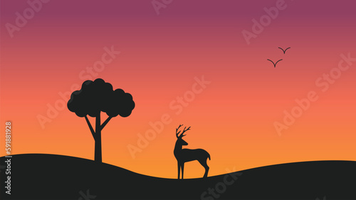 silhouette of a deer at sunset with tree jungle and birds nature wallpaper for computer desktop
