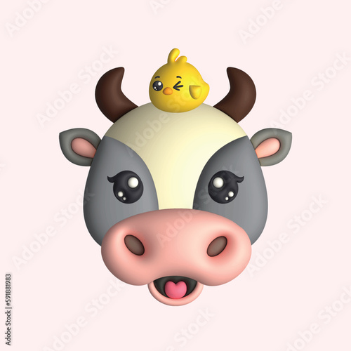 Fototapeta Naklejka Na Ścianę i Meble -  3D Render Happy Cute Cow Head with Chick (Vector)