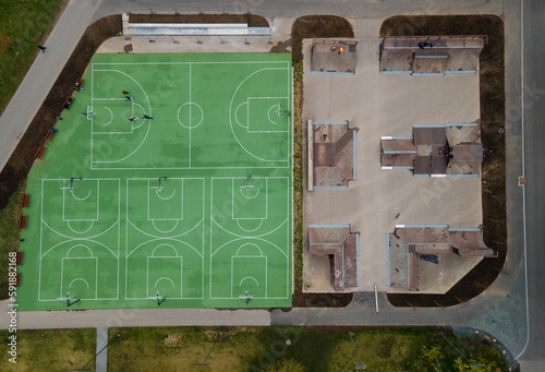 Aerial view of basketball and skating pitches in Kaunas, Lithuania