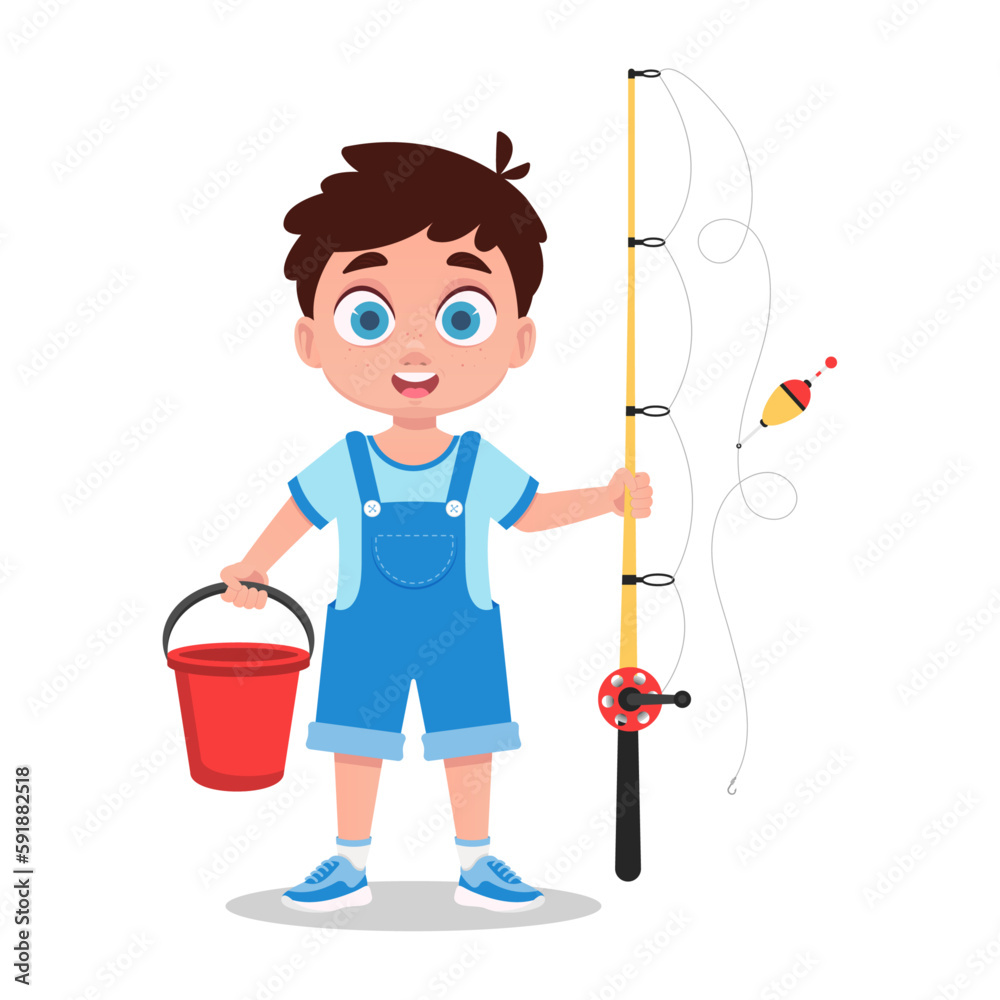 Happy boy fisherman with a fishing rod in his hand Happy boy fisherman with a fishing rod in his hand