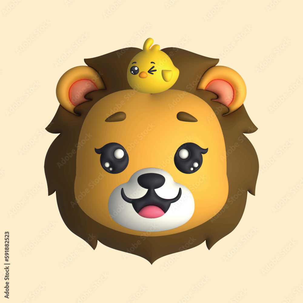 3D Render Happy Cute Lion Head with Chick (Vector) 3D Render Happy Cute Lion Head with Chick (Vector)