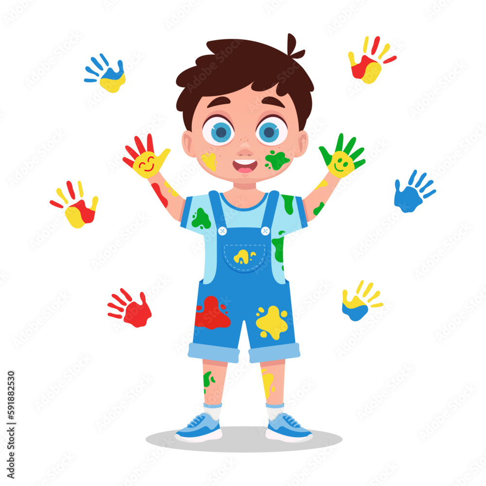 Cute boy in paints, handprints, festival of colors Cute boy in paints, handprints, festival of colors