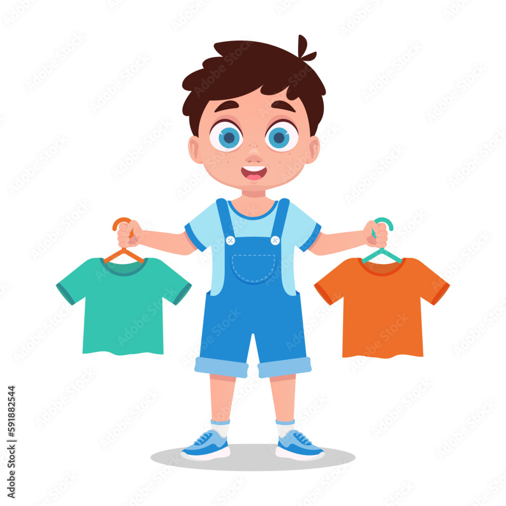 Cute boy buys things. Vector illustration