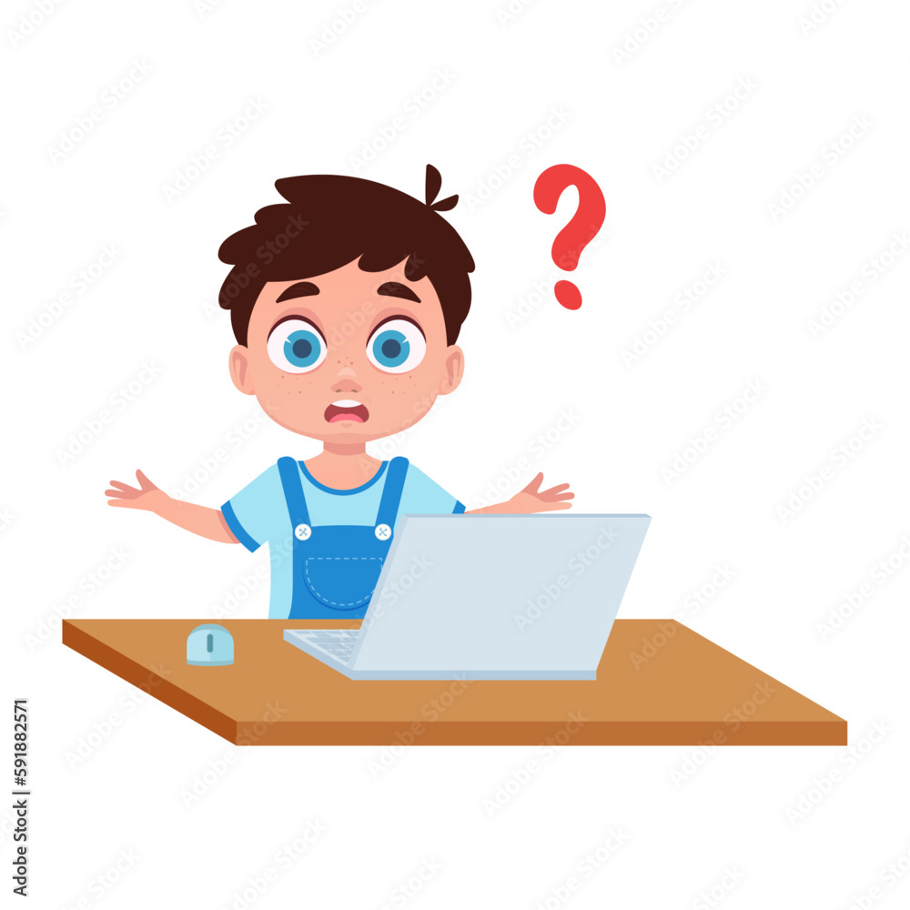 The boy at the computer is looking for an answer. Vector illustration The boy at the computer is looking for an answer. Vector illustration