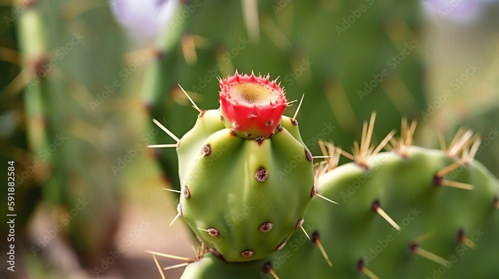 Red cactus flower fruit close up Prickly pear, Opuntia. Natural plant background, copy space, botanical and exotic food generative AI Red cactus flower fruit close up Prickly pear, Opuntia. Natural plant background, copy space, botanical and exotic food generative AI