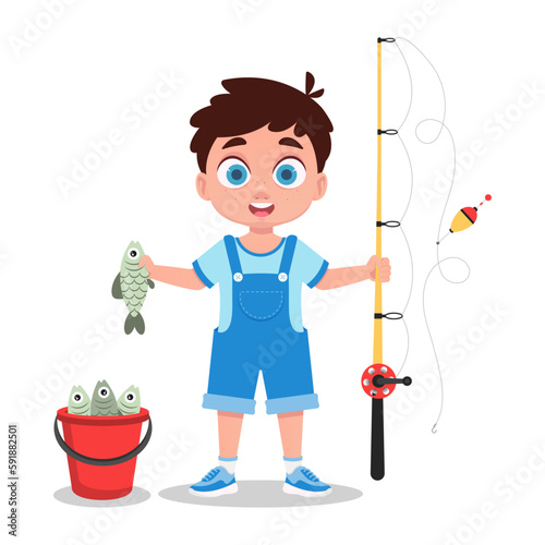 Cute boy with a fishing rod in his hand caught a fish
