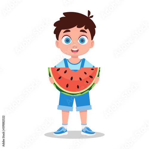 Cute boy eating watermelon, vector illustration