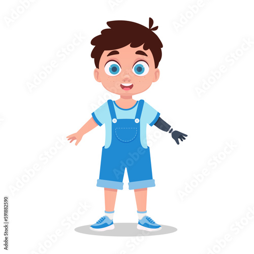 Child with prosthetic hand, vector illustration