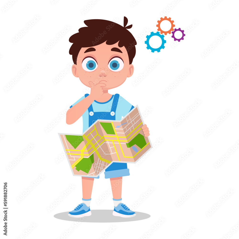 Cute boy holding a map. Vector illustration Cute boy holding a map. Vector illustration