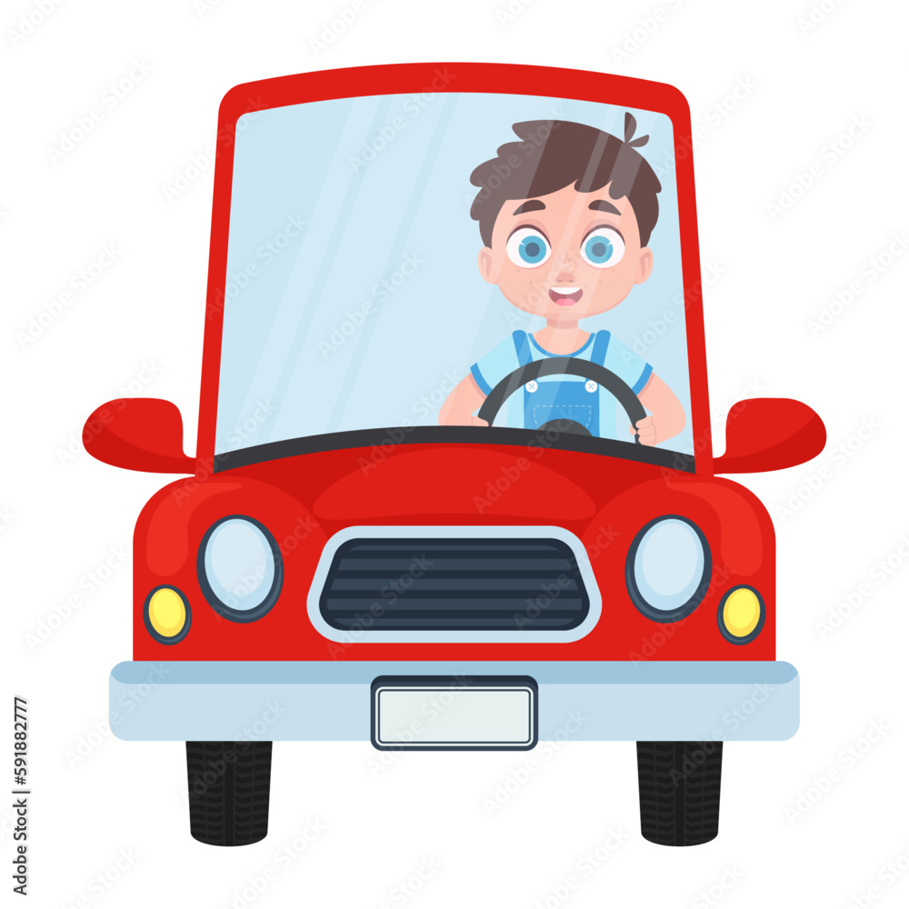 Cute child driving a red car. Vector illustration Cute child driving a red car. Vector illustration