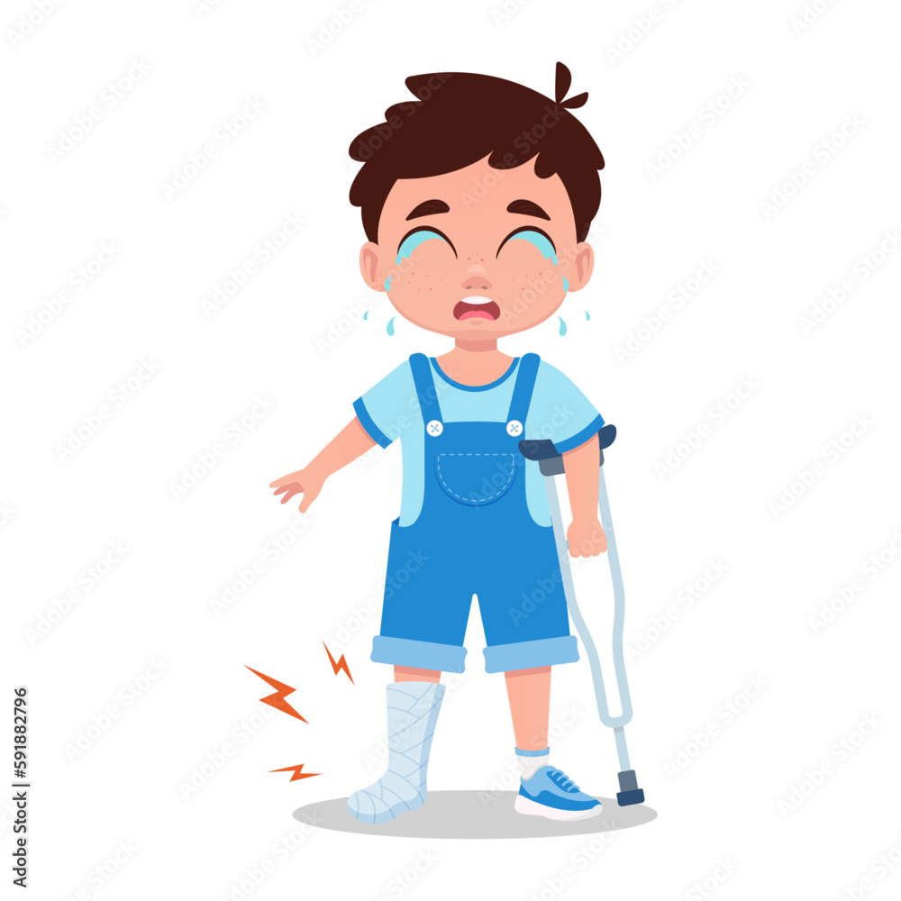 The boy on the bones is crying, sad with a broken leg The boy on the bones is crying, sad with a broken leg
