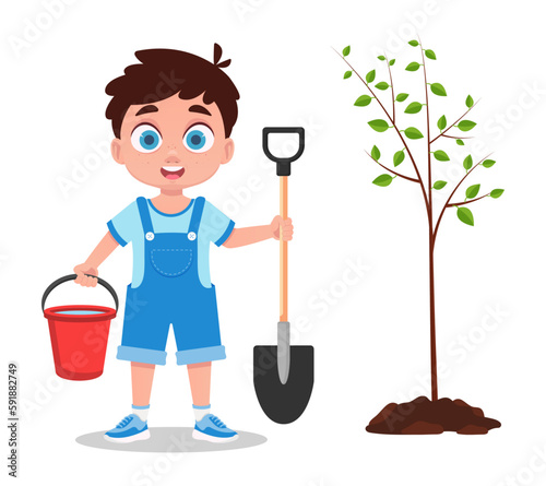 Cute boy planting a tree. Vector illustration