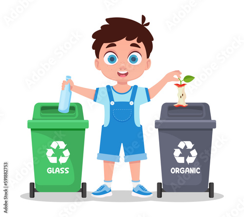 Boy sorts garbage, glass and organic