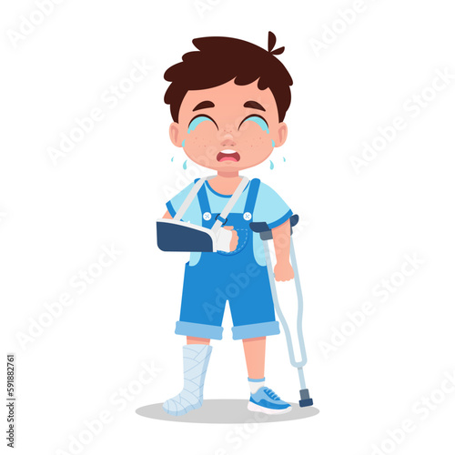 Cute boy crying with broken arm, broken leg