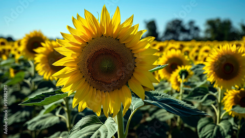 Close-up of a vibrant yellow sunflower field in full bloom  with the sunflowers reaching for the sun and their bright petals contrasting against the deep blue sky.