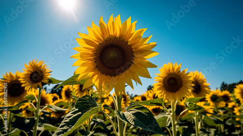 Close-up of a vibrant yellow sunflower field in full bloom  with the sunflowers reaching for the sun and their bright petals contrasting against the deep blue sky.