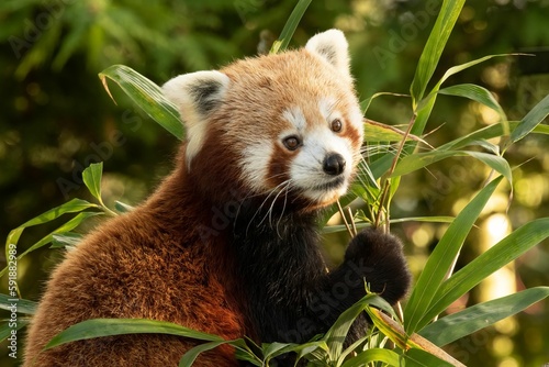 Closeup shot of a cute red panda (Ailurus fulgens) holding fresh bamboo leaves photo