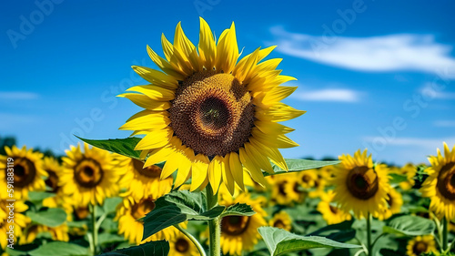 Close-up of a vibrant yellow sunflower field in full bloom  with the sunflowers reaching for the sun and their bright petals contrasting against the deep blue sky.