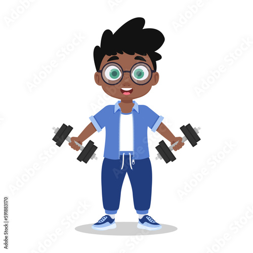 Cute boy goes in for sports, exercises with dumbbells