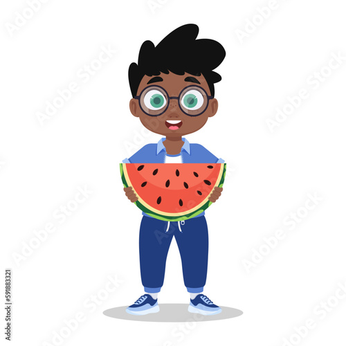 Cute boy eating watermelon