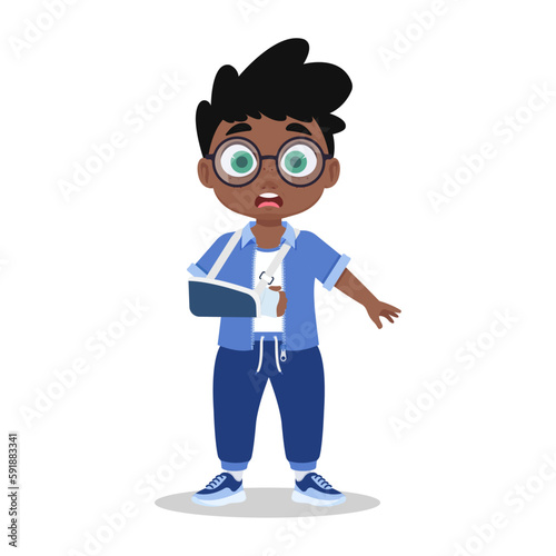 Cute scared boy with a broken arm