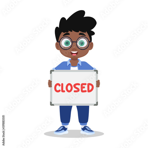Boy holding a sign, closed