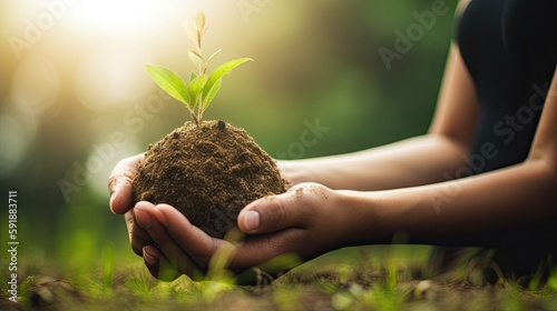 female hands hold a bunch of earth with a background of green grass, ecology. ai generated