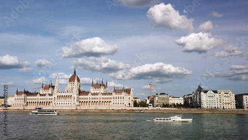 Scenic view of the Hungarian Parliament building in Budapest at the Danube river