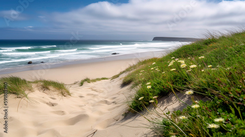 Pristine  sandy beach with gentle waves lapping at the shore  framed by a foreground of green dune grass and colorful wildflowers.
