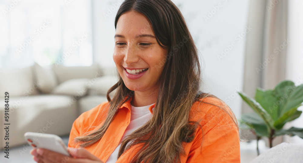 Woman, phone and laughing for funny joke, meme or social media post relaxing on living room sofa at home. Happy female chatting, texting and laugh on smartphone for fun online communication on couch Woman, phone and laughing for funny joke, meme or social media post relaxing on living room sofa at home. Happy female chatting, texting and laugh on smartphone for fun online communication on couch