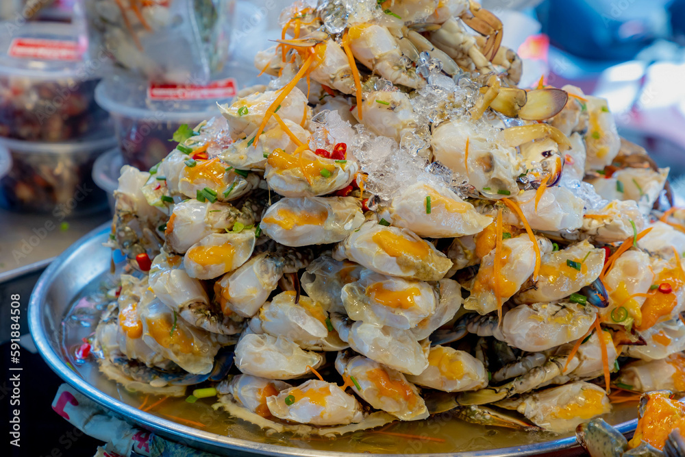 Staked of fish saucefermented sea crab in the try on seafood market