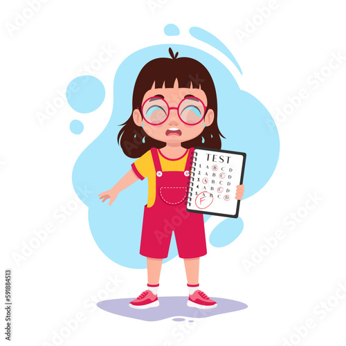 Cute little girl is sad because she got a bad grade in her exam