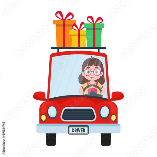 Cute child on the car carries gifts © Andy Illustrator