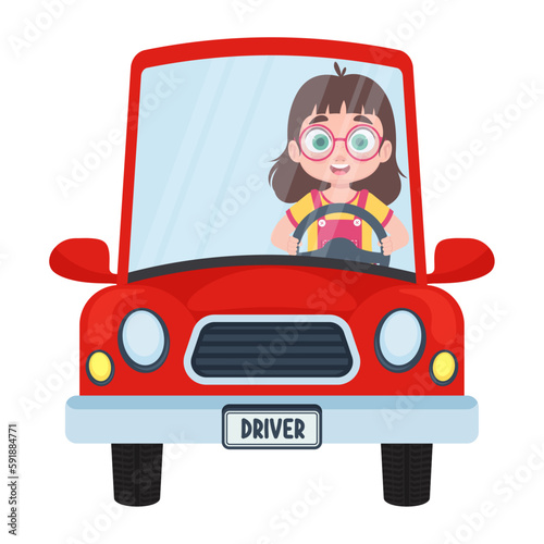 Cute child driving a red car