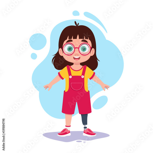 Cute girl with a prosthetic leg. Vector illustration