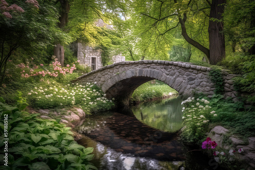 Charming, cobblestone bridge arching over a gently flowing stream, surrounded by lush green foliage and vibrant spring blossoms.
