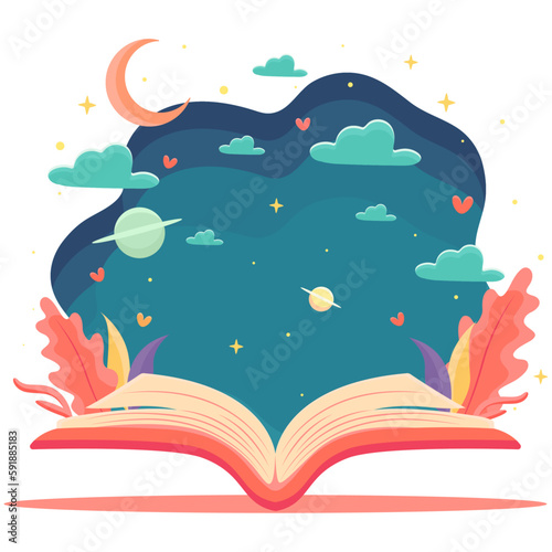 Open book, concept of interesting stories in a book, World Book Day or Children's Book Day, abstract patterns, leaves, decorative elements