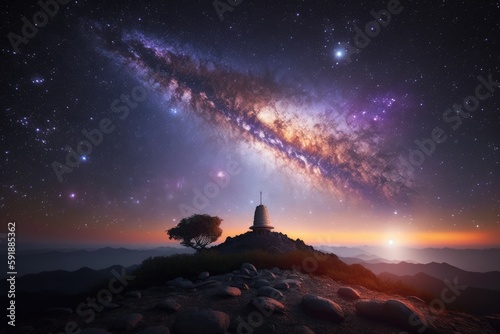 majestic tree standing atop a hill under a starry Milky Way sky. Generative AI