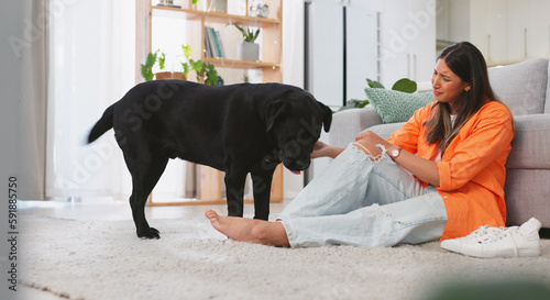Photography Woman, sad and dog in a home with pet owner love, support and sadness feeling relax