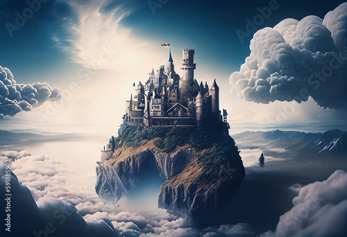clouds, castle, fantasy, in the clouds, surreal, city, buildings, city view, clouds, sky, white surround. Generative AI © Noah