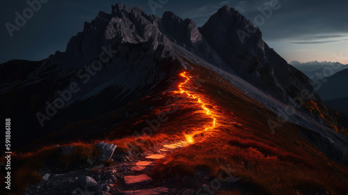 Mountain with glowing welcome path to the top. Generative AI © piai