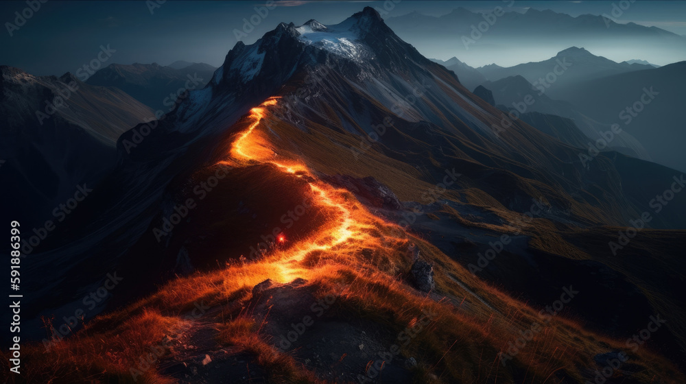 Mountain with glowing welcome path to the top. Generative AI